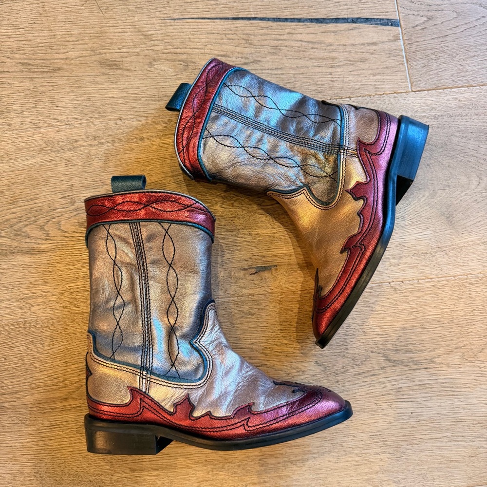 Kids genuine leather metallic Cowboy Boots in Red and Silver